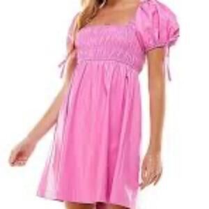 Bubble gum vegan leather barbie pink dress w/ puff sleeve arm ties midi sz S